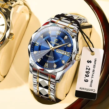 Роскошные наручные часы делового человека Дата Неделя Мужские часы Водонепроницаемые светящиеся кварцевые мужские часы из нержавеющей стали Подарки для мужчин мужчин