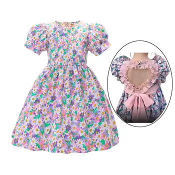 Новое летнее платье с цветочным рисунком для маленьких девочек, повседневные платья длиной до колена с коротким рукавом, льняная одежда для малышей, детское праздничное платье