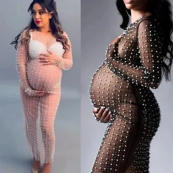 Реквизит для фотосъемки беременных Платья Сексуальные Прозрачные Яркие жемчужные кружевные тюлевые аксессуары для фотосессии беременных женщин