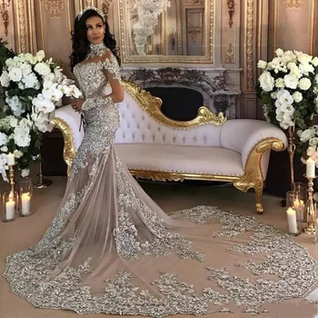 Роскошные свадебные платья в арабском стиле Дубая 2024 года, Сексуальная кружевная аппликация из бисера, Иллюзия высокого выреза, Длинные рукава, свадебные платья Русалки