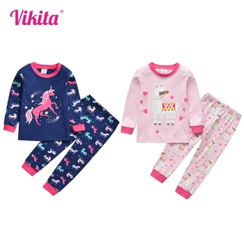 Комплекты пижам для девочек VIKITA, хлопковая повседневная футболка с длинными рукавами и мультяшным принтом Единорога, штаны, 4 предмета, комплекты домашней одежды для девочек