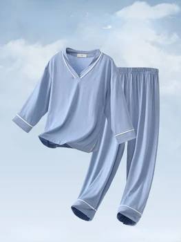 Комплект летних пижам из модала для детей, детские пижамы для мальчиков и девочек, Дышащая однотонная детская одежда с длинными рукавами