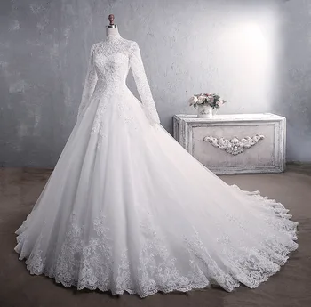 Мусульманское свадебное платье 2022 Элегантное платье принцессы невесты с высоким воротом и шлейфом, Роскошное свадебное платье с кружевной вышивкой, Vestido De Noiva