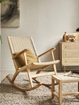 Кресло-качалка из массива дерева, Скандинавское кресло-качалка из ротанга, ротанговое кресло для отдыха на открытом воздухе, одноместный диван для домашнего отдыха для взрослых