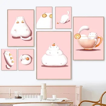 Прекрасный плакат с сочетанием розового кота и апельсина, Милое животное, холст, настенное искусство, Современное украшение для комнаты девочек в Каваи