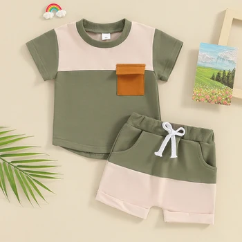 Летняя Одежда для маленьких мальчиков, топы с короткими рукавами в цветном блоке, шорты с эластичной резинкой на талии, комплект детской одежды из 2 предметов