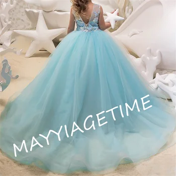Контрастное сине-белое платье в цветочек для девочек, детская принцесса, аппликация без рукавов, длина до пола, свадебное платье для танцев, Пляжное бальное платье для выпускного вечера.