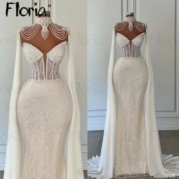 Свадебное платье-русалка с накидкой из жемчуга, Роскошное Белое свадебное платье с бисером для женщин 2023, Вечернее платье на заказ, Vestido De Noiva