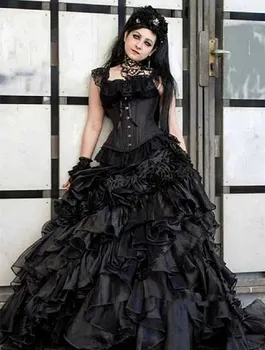 Черные свадебные платья в готическом викторианском стиле, Многоуровневые Длинные свадебные платья без рукавов, корсет на бретельках, пышная юбка, винтажное Vestido De Novia