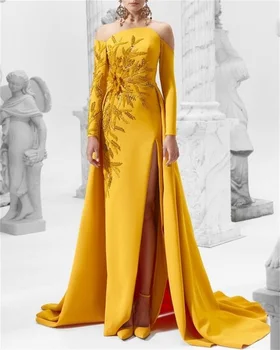 Элегантное желтое платье для выпускного вечера с верхней юбкой, расшитой бисером, с длинными рукавами, с прозрачным вырезом Русалки, вечернее платье для вечеринок, сшитое на заказ
