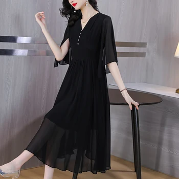 Шелковое шелковое платье 2023, новое женское платье высокого темперамента, большая черная талия, летняя длинная юбка для похудения