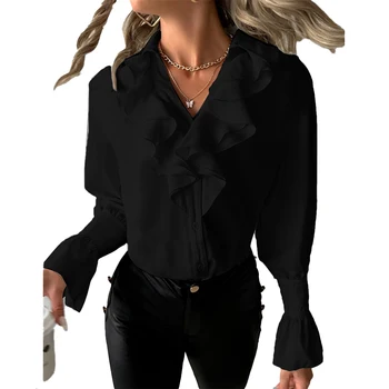 Женская футболка с V-образным вырезом и рюшами, женская повседневная приталенная блузка с длинным рукавом из полиэстеровой ткани Осень/весна/Осень/зима