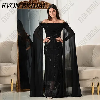 EVON Свадебные вечерние платья с блестками в виде черной русалки, шали, Рукава с пером, вечернее платье для выпускного вечера с вырезом лодочкой, официальное вечернее платье для выпускного вечера.