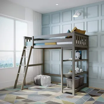 Высокая кровать-чердак, каркас односпальной кровати для детей с книжным шкафом, глина