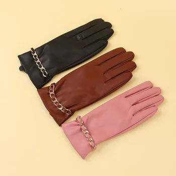 Теплые перчатки из искусственной кожи, зимние плюс флисовые водонепроницаемые длинные перчатки с цепочкой для холодной езды, женская корейская версия перчаток для пальцев