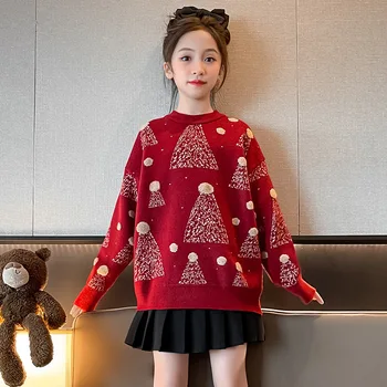 Рождественский свитер для девочек-подростков Осень-зима, семейный вязаный пуловер с рождественской елкой для девочек-подростков, теплые трикотажные изделия для девочек