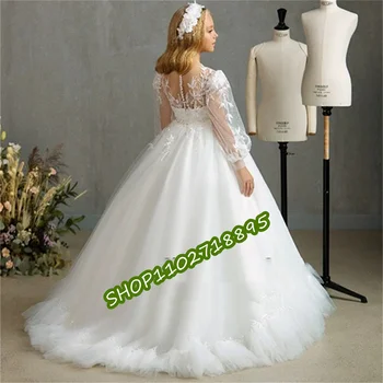 Элегантное Прозрачное свадебное платье с круглым вырезом и длинным рукавом для торжественного случая, Кружевное платье с цветочным узором для девочек