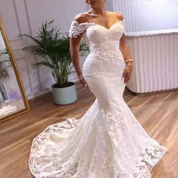 Новейшее свадебное платье с кружевными аппликациями с открытыми плечами и шлейфом с длинным рукавом Vestidos De Novia 2024 Nuevos Свадебное платье-русалка