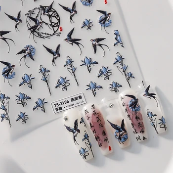 Китайский стиль Древняя Поэзия Дизайн Ласточки 3D Самоклеящиеся Наклейки для ногтей Золотая Рыбка Бамбуковые Наклейки для маникюра Оптом