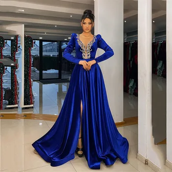 Вечерние платья Smileven Huate королевского синего цвета с длинным рукавом, Кафтан трапециевидной формы, Саудовско-арабские платья для выпускного вечера с разрезом по бокам, праздничные платья 2024