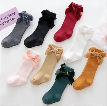 Носки для маленьких девочек 2021 года, Новые носки для малышей, однотонные детские носки с большим бантом до колена, Длинные Мягкие детские носки с бантом, Носки для новорожденных из 100% хлопка с бантом