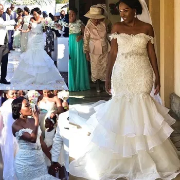 Африканский жемчуг Кружева Свадебные платья Русалки 2021 с открытыми плечами Плюс размер Свадебное платье Многоуровневые юбки Тюлевые свадебные платья Vestidos