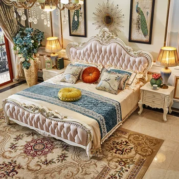 Высококачественная Резная рама из массива дерева Кровать из натуральной кожи Испанская мебель Роскошный комплект для спальни