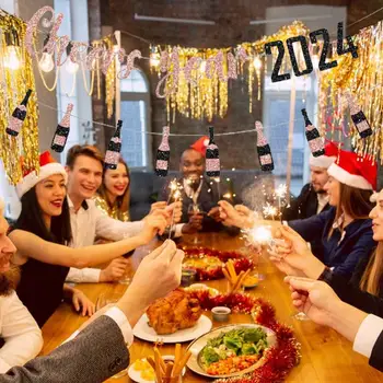 Счастливого Нового 2024 года Новогоднее Украшение дома Золотая Серебряная подвеска с буквенным флагом в виде блесток Бумажная бутылка Сцена для праздничной вечеринки своими руками
