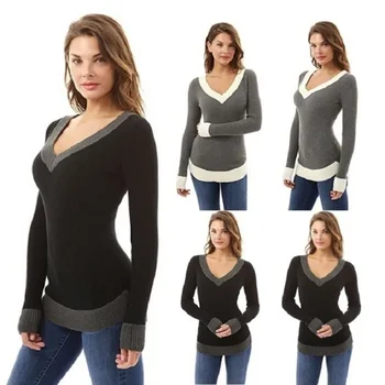 Женский тонкий свитер с V-образным вырезом, осенне-зимний свитер оверсайз для женщин