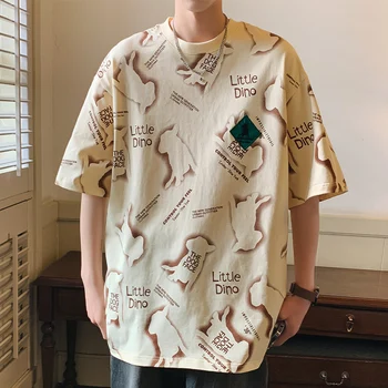 Гонконгская мода, мужская текстура, ледяной шелк, полный принт, большой размер, свободная футболка с круглым вырезом и коротким рукавом