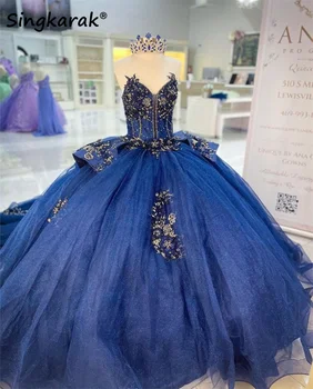Темно-синие платья принцессы Quinceanera Бальное платье Sweet 16 Dress Бусины Аппликации Кристаллы Жемчуг 15-е вечернее платье Придворный шлейф