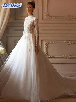 Очаровательное Свадебное платье с Длинным рукавом 2024, Элегантное Свадебное платье с бисером, Изящное Платье в пол с круглым вырезом, Vestidos De Novia