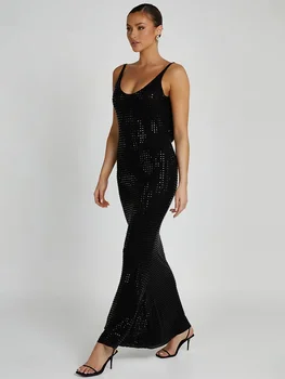 Роскошные женские знаменитости, сексуальная майка без спинки, черные Макси-длинные платья со стразами, Элегантное вечернее платье Vestido 2024