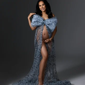 Уникальные платья для беременных, Иллюзионный тюль с черными точками, платье для беременных без бретелек для фотосессии с бантом, ночное белье Babyshower
