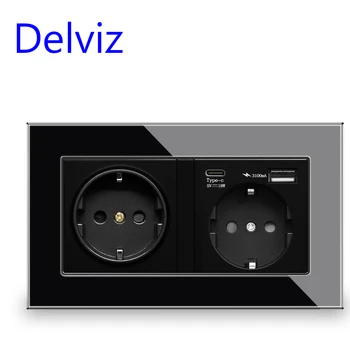 USB-разъем Delviz type C Ports, панель из закаленного хрусталя, Быстрая зарядка 5 В 18 Вт, двойная розетка европейского стандарта, настенная