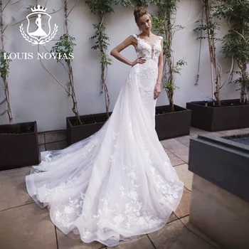 Свадебное платье Русалки LOUIS NOVIAS 2023, аппликации с глубоким V-образным вырезом, Иллюзия, Съемный шлейф, свадебное платье Vestidos De Novia