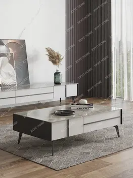 Сочетание журнального столика с каменной плитой и ТВ-шкафа, Современная Простая гостиная, Небольшая квартира, полностью прямоугольная