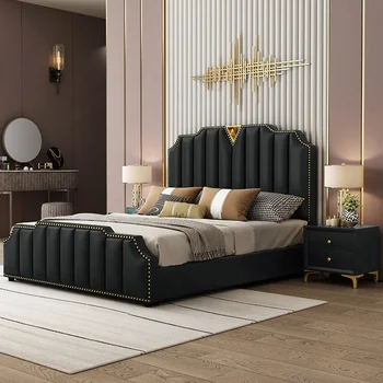 Кожаная сосновая Современная кровать для хранения, Деревянный каркас, Мягкая кровать размера 