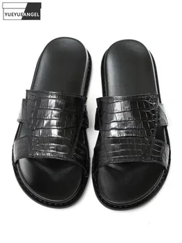 Мужские тапочки из натуральной кожи, Модные Черные Летние Дышащие Повседневные Туфли на плоской подошве с открытым носком, Высококачественные мужские Шлепанцы из Крокодиловой кожи