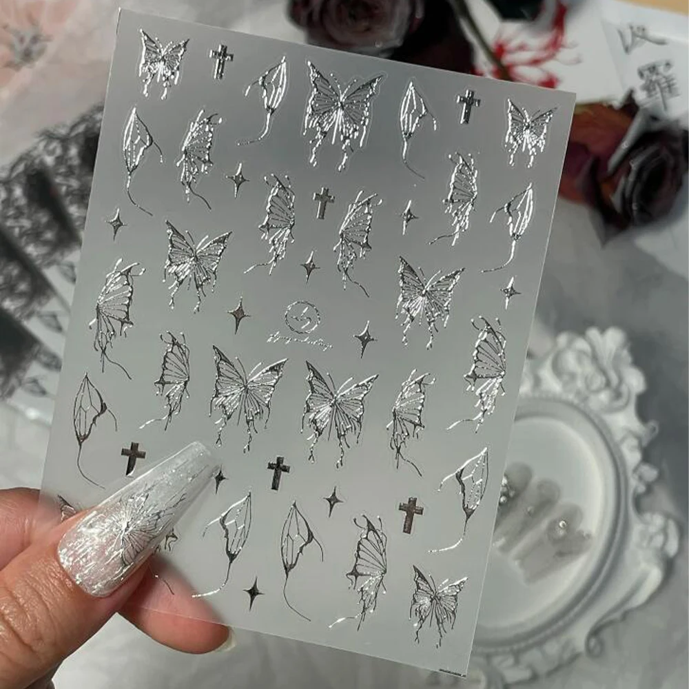 3D Наклейка для ногтей с темной бабочкой, Голографический самоклеящийся бронзирующий слайдер, Бабочка из жидкого металла, украшение для ногтей своими руками-Y&*&