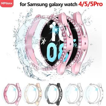 Стекло + Чехол Для Часов Samsung Galaxy Watch 5 40 мм 44 мм и 5 Pro 45 мм Жесткий ПК С Бриллиантовыми Побрякушками Бампер + Стеклянная Защитная Пленка Для Экрана