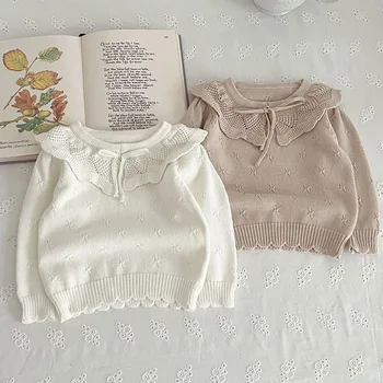 Осень-Зима, Пуловер для маленьких девочек, свитера с длинными рукавами, Однотонный Вязаный Пуловер, топ, свитера для новорожденных девочек