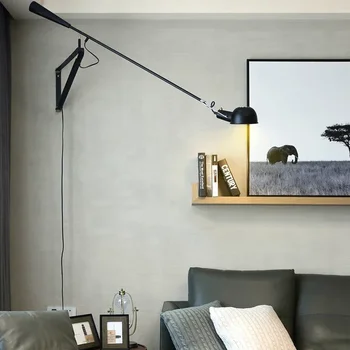 Скандинавское светодиодное креативное освещение Лампа с длинным плечом Промышленная Гостиная Прикроватный кабинет Вращающиеся качели Черно-белый Настенный светильник