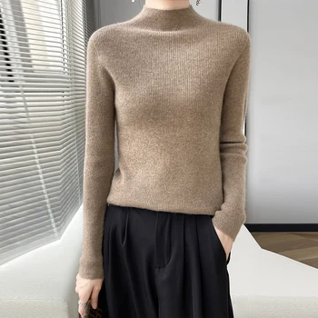 Женский свитер из 100% мериноса, пуловер с вырезом до половины горловины, тонкая трикотажная нижняя рубашка, кашемировый топ с длинным рукавом и резьбой.