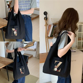 Женская модная сумка через плечо с буквенным начальным названием и рисунком, холщовая сумка-тоут, сумки для покупок, студенческие сумки-тоут, боковая сумка для дам