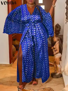 Женское элегантное атласное платье VONDA 2023 Сексуальное вечернее платье с разрезным подолом и поясом с V-образным вырезом, Богемный пляжный сарафан в стиле Ретро Vestidos