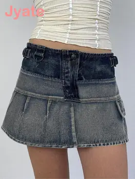 Винтажная джинсовая короткая юбка, новинка лета 2023, шикарная прошивка на молнии, повседневные модные мини-юбки трапециевидной формы с низкой талией.