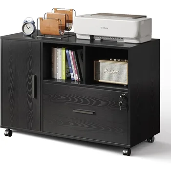 Офисный картотечный шкаф DEVAISE с замком, деревянный боковой картотечный шкаф на колесиках с 1 ящиком, подставка для принтера с открытыми полками для хранения