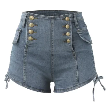 Женские повседневные джинсовые шорты трапециевидной формы на пуговицах, карманы, мини-джинсовые короткие брюки Mujer с высокой талией, весна-лето, Микростретч