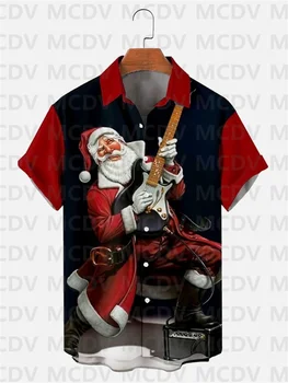 Рождественская повседневная мужская рубашка контрастного цвета с принтом гитары Санта Клауса с коротким рукавом